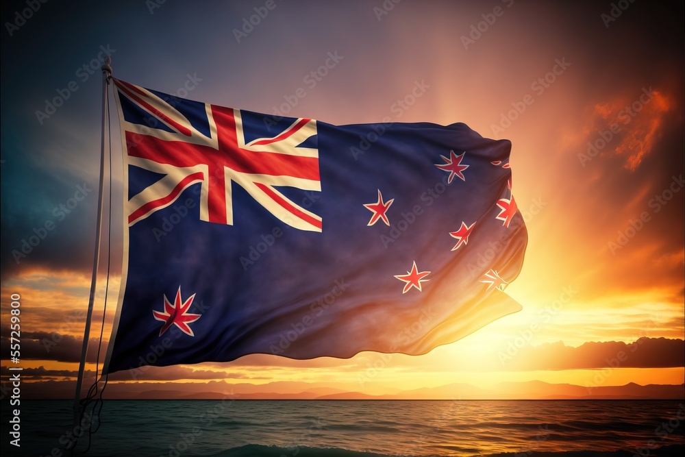 Poster a flag flying in the wind on a beach at sunset with the sun setting behind it and the ocean in the f