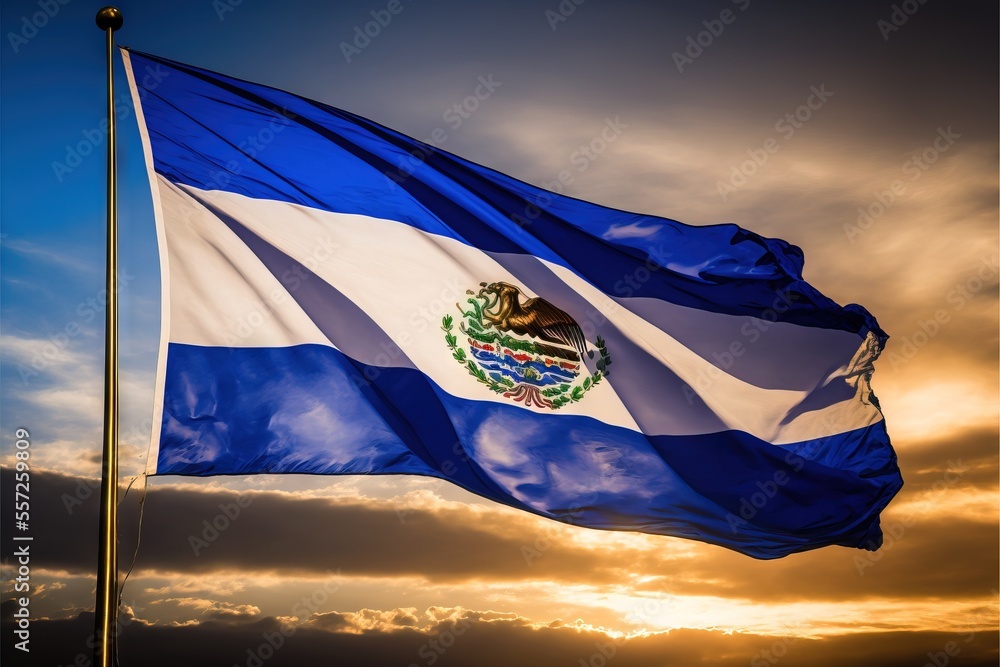 Poster a flag flying in the wind with a cloudy sky in the background at sunset or dawn with clouds in the s