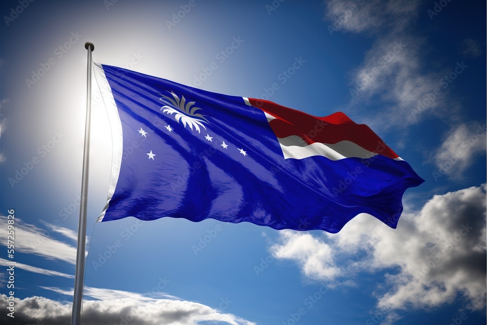 Poster a flag flying in the wind with a blue sky in the background with clouds in the foreground and a blue