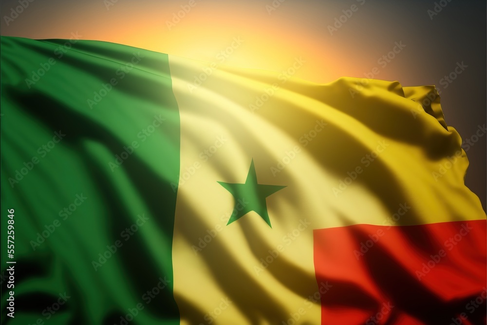 Poster a flag with a star on it flying in the air with a sun in the background and a black frame. generativ