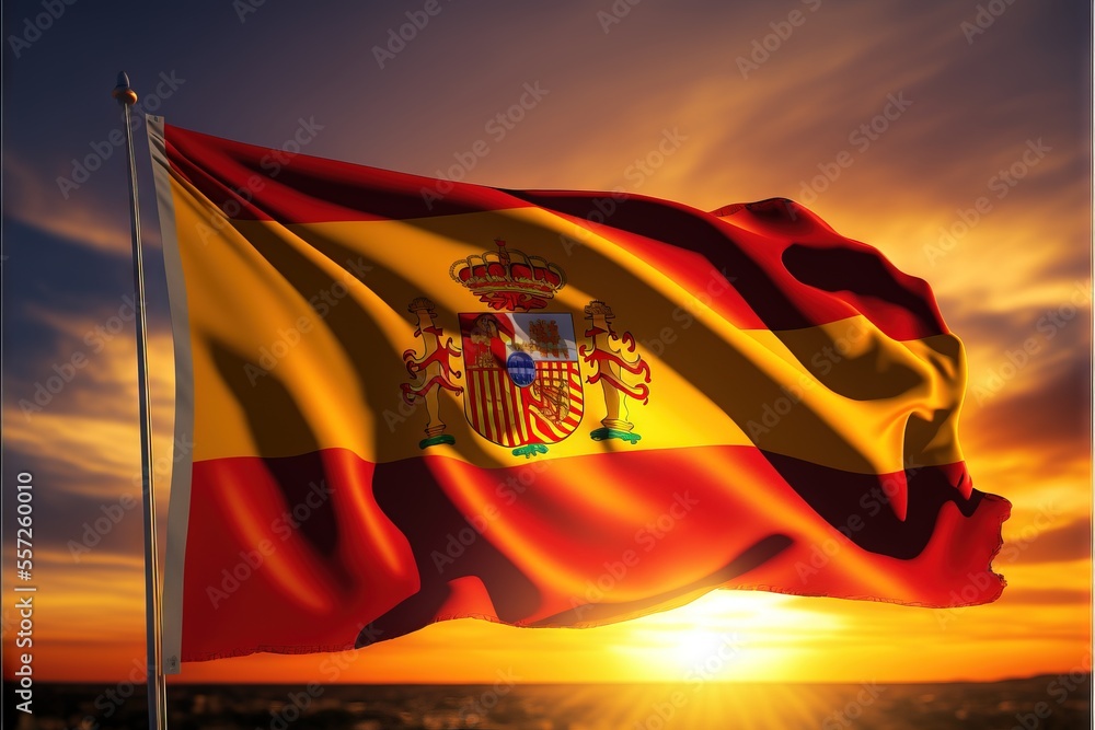 Poster a flag flying in the air with the sun setting behind it and a building in the background with a red 