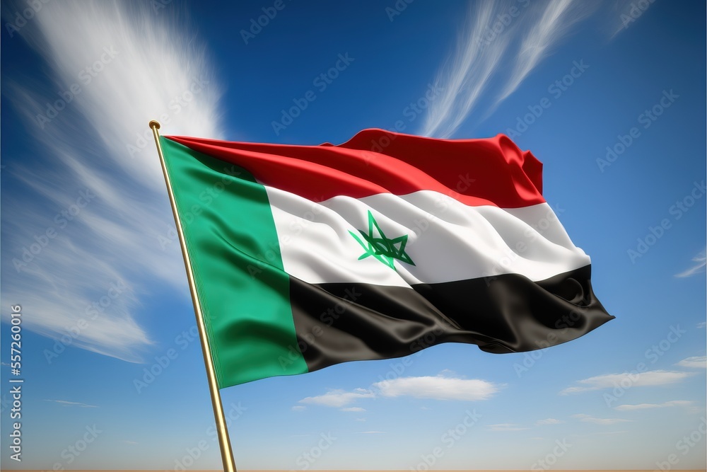 Poster a flag flying in the wind with a blue sky in the background and clouds in the sky above it. generati