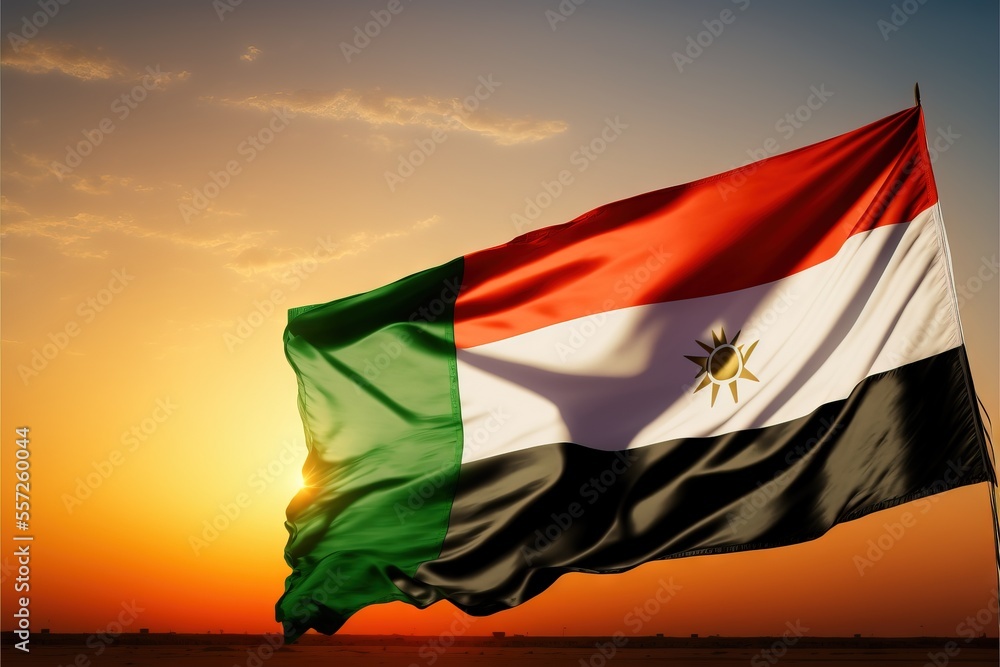 Poster a flag flying in the air with the sun setting behind it and a person walking on the beach in the for