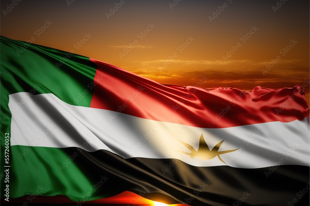Poster a flag with a star on it flying in the air at sunset or dawn with a sun setting behind it. generativ