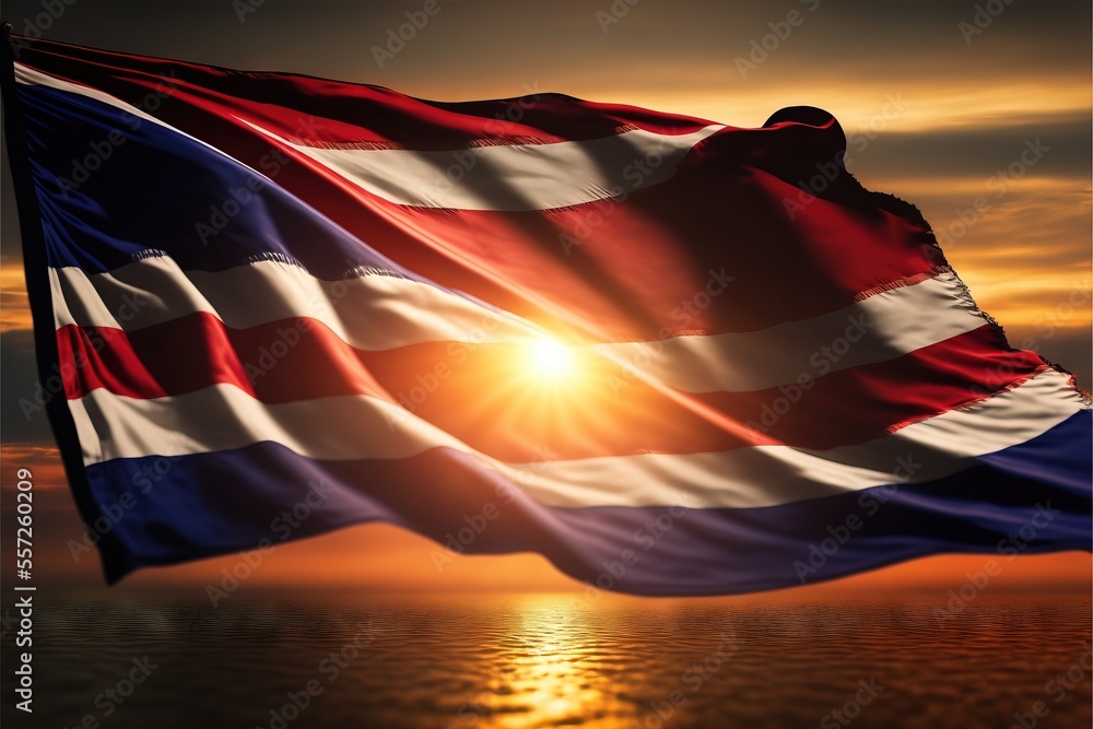 Poster a flag flying in the wind with the sun setting in the background and a body of water below it. gener