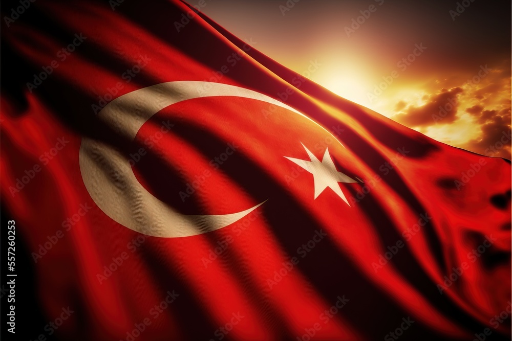 Poster a flag with a crescent and star on it flying in the sky with a sun in the background and clouds. gen
