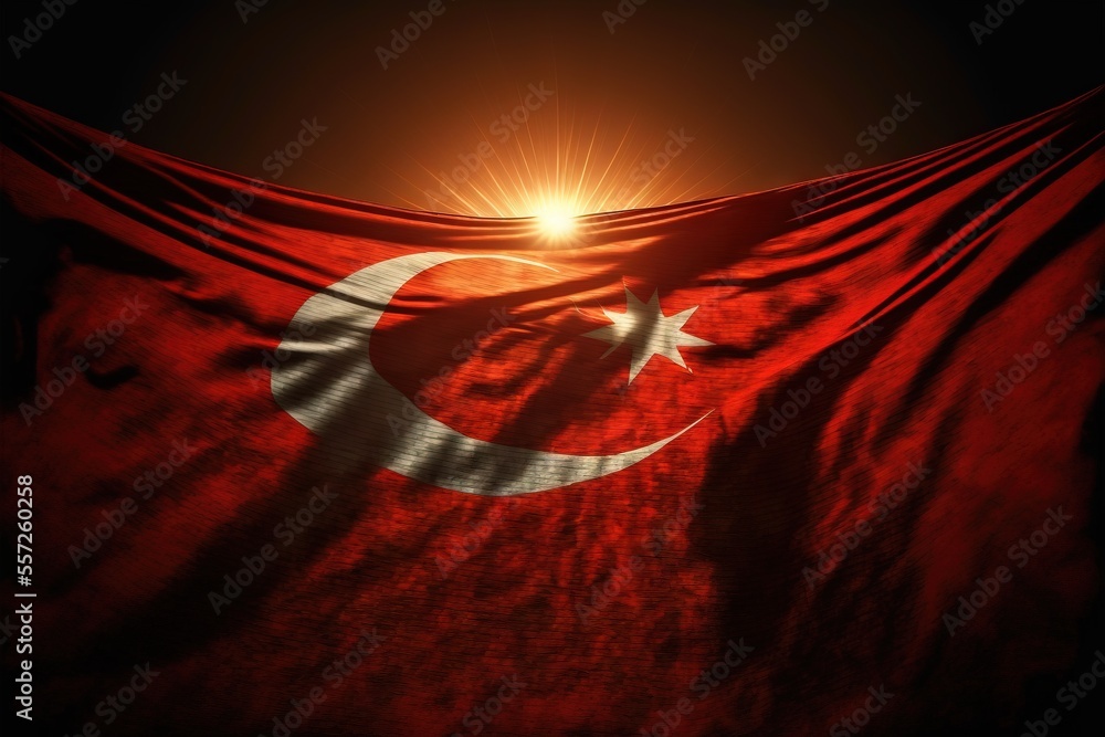 Poster a red flag with a white crescent and a sun in the background with a black background and a red backg