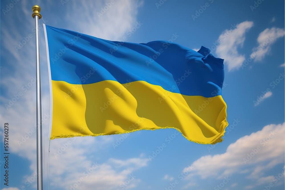 Poster a flag flying in the wind with a blue sky in the background and clouds in the background. generative