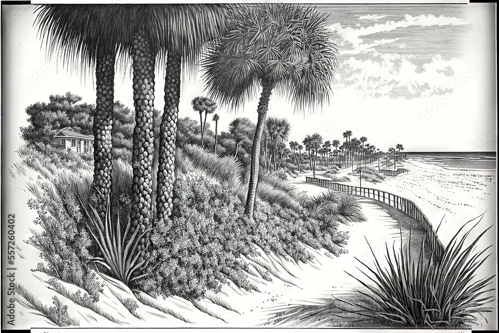 Aufkleber a drawing of a beach with palm trees and a fence in the foreground and a beach with a house in the b