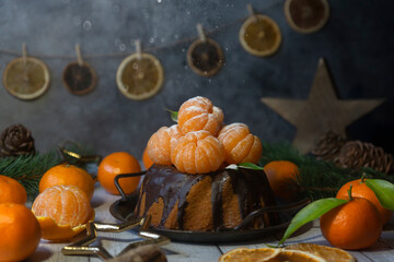 Homemade delicious christmas or new year cake with tangerines on a wooden background with coniferous branches.