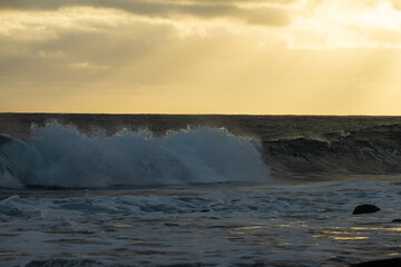 Huge waves on a beautiful morning in Madeira, Portugal. Great sunrise and a beautiful yellow sky over the tsunami.