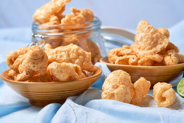 Pork rinds also known as chicharon or chicharrones, deep fried pork skin