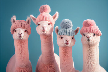 Obraz premium Group of Adorable Alpacas on Colorful Background. Generative ai