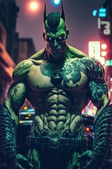Humanoid green bodybuilder mutant in a cyberpunk city, character design.