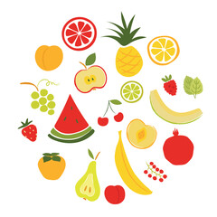 Big set of fruits and berries in flat style. Bright and cute vector illustration. Objects are isolated on a white background.