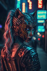 Fototapeta na wymiar Human cat woman in a cyberpunk city, character design.
