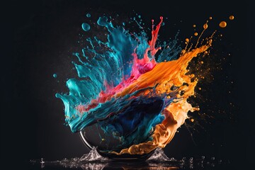 Explosion of color. Splashing oil paint. Isolated on dark background.