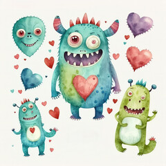 Obraz premium Stunning cute monsters watercolor illustration made with Generative AI