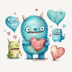 Obraz premium Stunning cute monsters watercolor illustration made with Generative AI