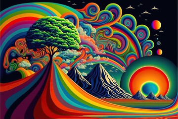 Abstract psychedelic colorful landscape scenery background