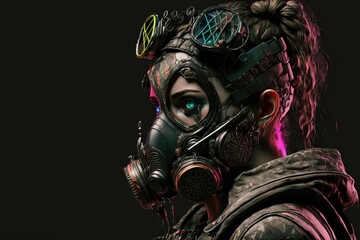 Fantasy character in gas mask, close-up, isolated on black background.