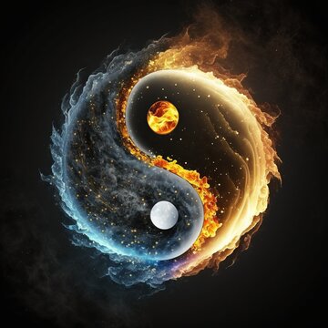 Twin flame yin yang symbol floating in space,  isolated on black