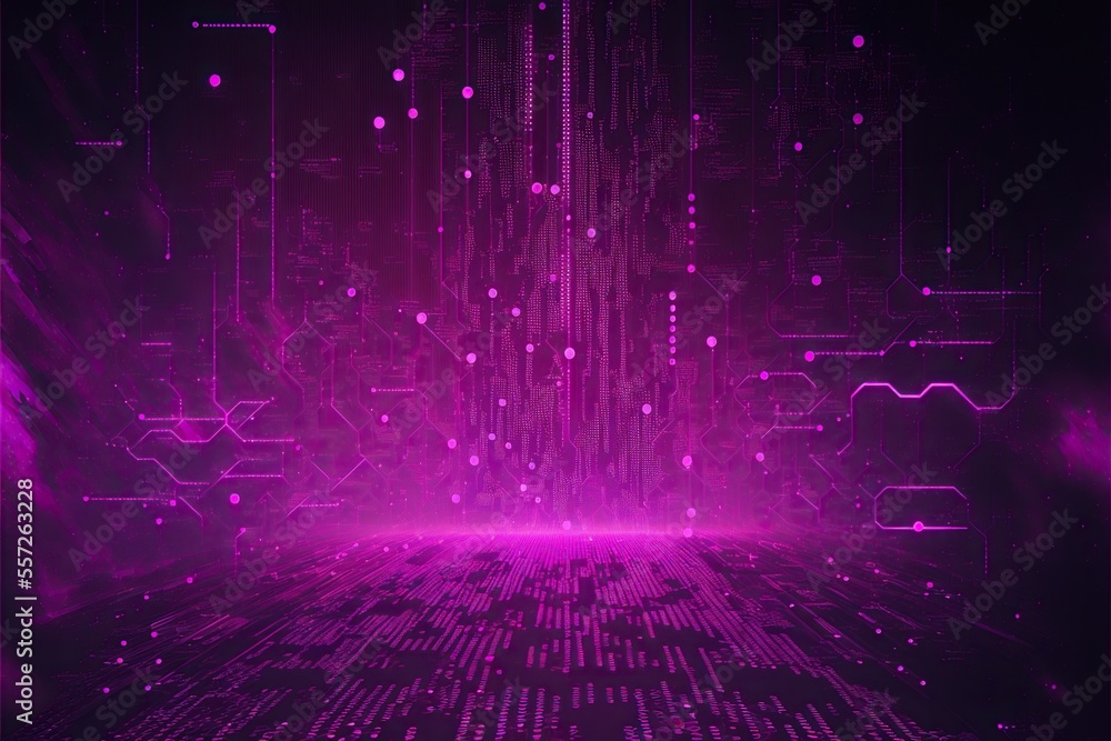 Wall mural abstract technology background with data and code patterns in shades of purple and pink