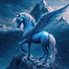 Fototapeta na wymiar Blue unicorn on top of a mountain