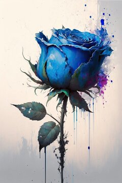 Beautiful splatter oil painting of a blue rose isolated on white background