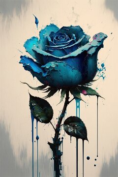 Beautiful splatter oil painting of a blue rose isolated on white background