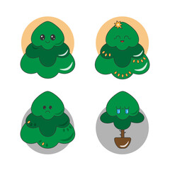 Christmas tree kawaii icons. Cartoon emoji stickers set