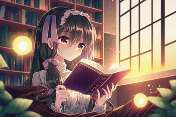 ai generated illustration of a young anime girl reading a book in a room - obrazy, fototapety, plakaty