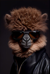 Obraz premium Very Cool Alpaca with Big Hair Style Wearing Sunglasses and Black Leather Jacket. Generative ai
