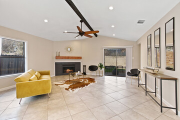 living room with cow skin rug