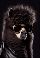 Very Cool Alpaca with Big Hair Style Wearing Sunglasses and Black Leather Jacket. Generative ai