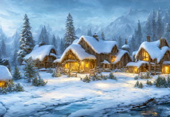 Winter town with mountains landscape. village with Snow in vintage style. Digital art