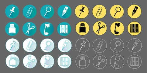 stationary icons set in blue, white and yellow circles with gradient shadow isolated on grey background for logos or web. Vector illustration graphic elements in solid silhouette and line art