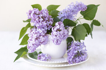 Beautiful spring composition with lilac flowers in a white cup for countryside decor. Fresh natural home decor. Calendar or greeting card for Mother's Day, 8th of March, Saint Valentine's Day