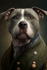 Portrait of a dog wearing historic military uniform. Generative AI.