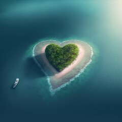 Heart shaped island and ship. Generative AI.	
