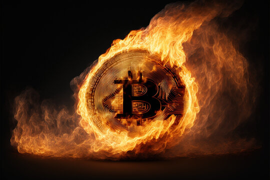 burning Bitcoin fire in the dark, inflation, crypto, Generative AI 