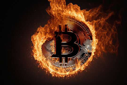 burning bitcoin sign, Generative AI 