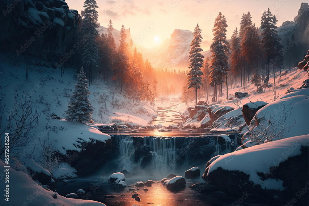 Wall mural beautiful winter landscape with a waterfall, sunrise, snowy trees in the background. generative ai .