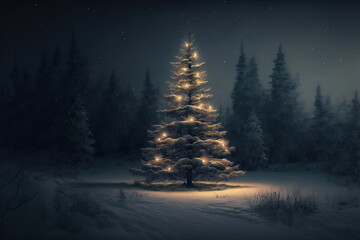 Decorated Christmas tree at night in forest. Generative AI.
