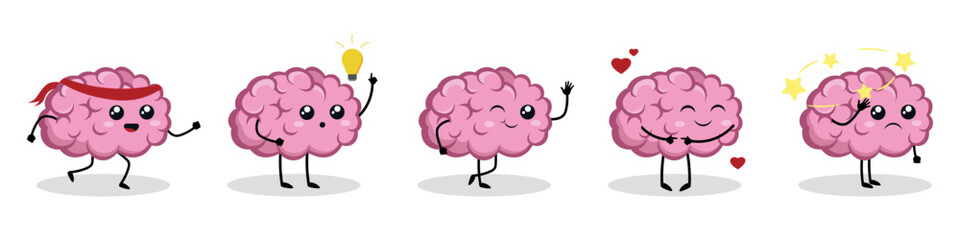 Set of cute pink brains in cartoon style. Vector illustration of the brain with different emotions: brain running, with light bulb, waving, in love, dizzy isolated on white background.