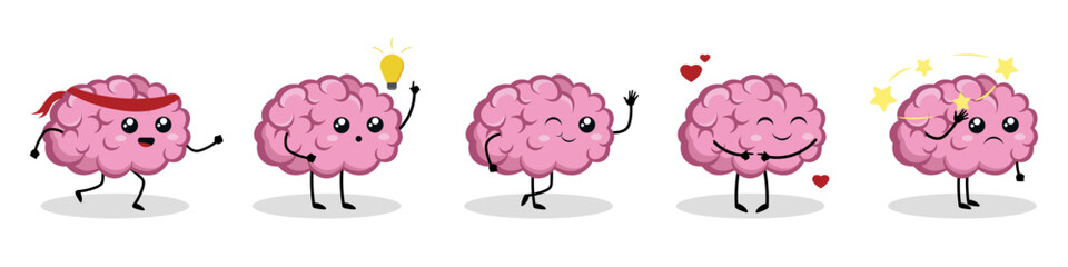 Set of cute pink brains in cartoon style. Vector illustration of the brain with different emotions: brain running, with light bulb, waving, in love, dizzy isolated on white background. © MVshop