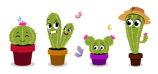 Set of cute and beautiful cacti in cartoon style. Vector illustration of green cactus characters with different emotions and poses isolated on white background.