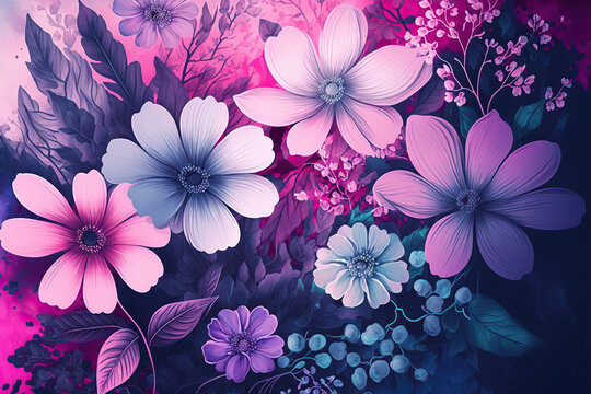 Purple and pink flowers background, floral texture, generative ai