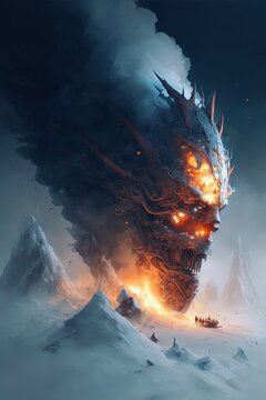 A mind flyer space ship that has crashed into the side of a giant snowy mountain, whilst smoke and fire fill the surrounding .