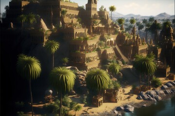 A coastal town found in babylon, persia, with a luxurious jungle and vegetation. - obrazy, fototapety, plakaty